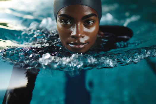 a Black adult woman swimming in a pool, close-up from front