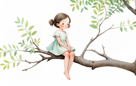 A young girl in a green dress sits on a tree branch with green leaves. The background is white - Generative AI