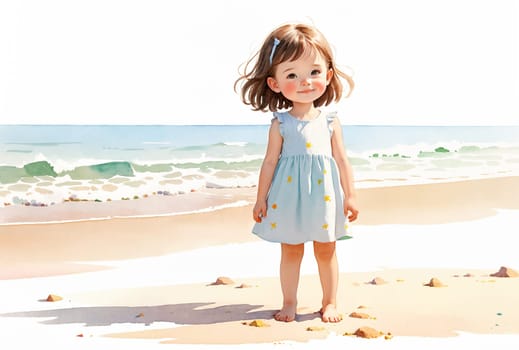 A young girl in a blue dress stands on a sunny sandy beach with waves crashing in the background - Generative AI