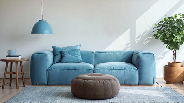A cozy living room setup featuring a blue sofa with matching cushions, a round brown ottoman, and a green plant placed in a sunny, neatly-organized space - Generative AI