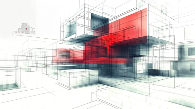 An abstract architectural design featuring interlocking transparent cubes and a striking red accent. The artwork presents a modern and futuristic vibe on a minimalist white background - Generative AI