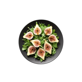 Fig and arugula salad ingredients above arranged plate fresh figs baby arugula and blue cheese. Food isolated on transparent background.