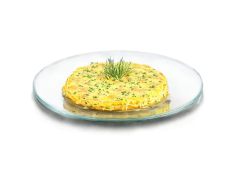 Omelette classic French with gruyere cheese and chives on a transparent glass plate Parisian breakfast. Food isolated on transparent background.