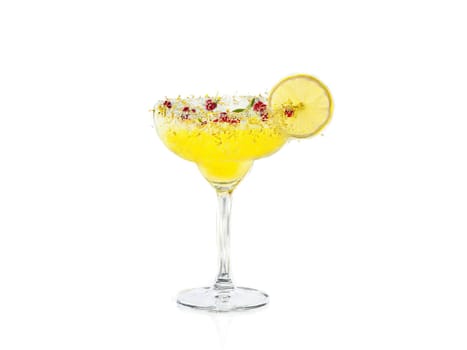 Uva ursi soda in a margarita glass uva ursi berries and lemon zest vibrant red. Drink isolated on transparent background.