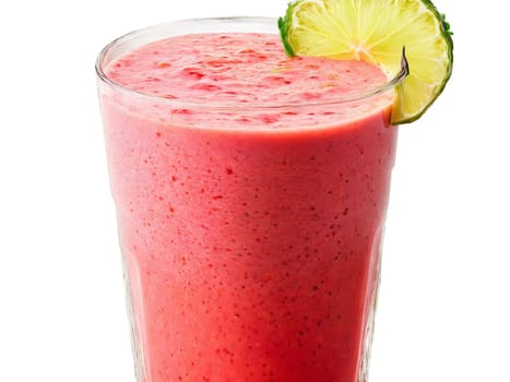 Strawberry Lime Smoothie A tangy strawberry lime smoothie in a curvy glass garnished with strawberry. Drink isolated on transparent background.