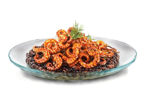 Tapas grilled octopus with paprika and olive oil served on a transparent glass dish smoky. Food isolated on transparent background.