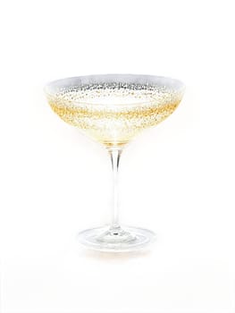 Rogaska Expert Champagne coupe, handmade crystal saucer, curved silhouette, shimmering golden champagne, abstract light reflections, festive celebration theme, pure white background.