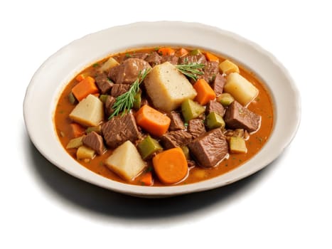 Beef Stew Hearty beef stew with tender chunks of meat and vegetables winter warmer. Food isolated on transparent background.