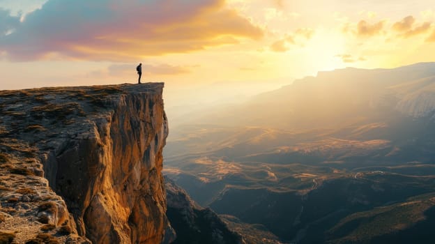 A person stands on a cliff edge, overlooking a vast landscape bathed in the golden light of sunset