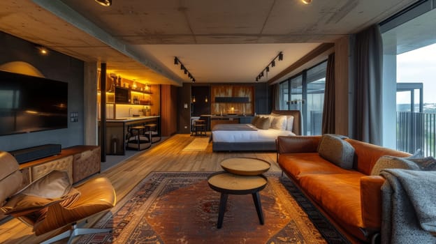 Luxurious studio apartment with a combined living room and bedroom, featuring a leather sofa, a plush bed, and warm ambient lighting