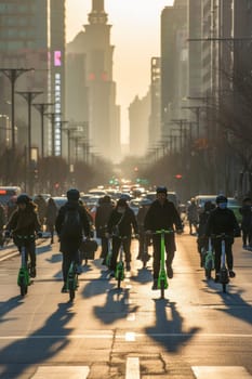 City commuters on electric scooters heading home during a sunset, casting long shadows on the street