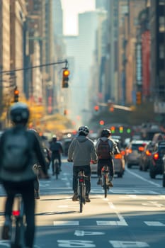 Morning traffic on a busy city street captured in bokeh with cyclists and cars, highlighting urban movement
