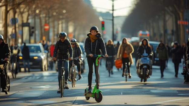 Commuters riding electric scooters on a wet city street during a rainy day, with blurred traffic in the background