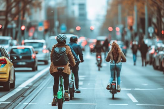 Morning traffic on a busy city street captured in bokeh with cyclists and cars, highlighting urban movement