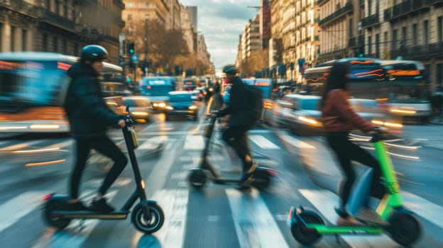 Blurred motion of people on e-scooters and a bus in a busy city street, conveying speed and urban life