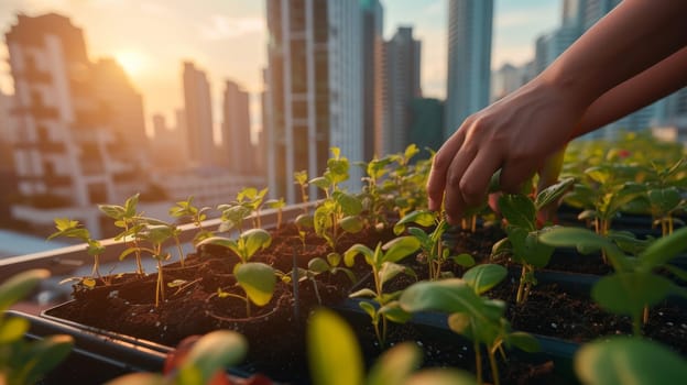 Close-up of hands planting young green seedlings in urban garden beds with a cityscape sunrise in the background