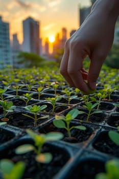 Close-up of hands planting young green seedlings in urban garden beds with a cityscape sunrise in the background