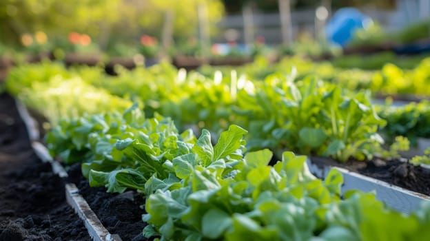 Vibrant rows of leafy greens flourishing in a community garden under the golden sunlight