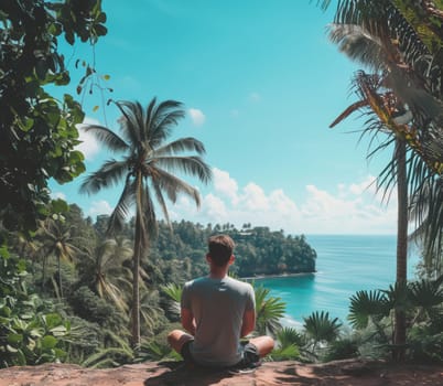 Serene image of a man sitting in meditation overlooking a tranquil blue sea surrounded by tropical foliage