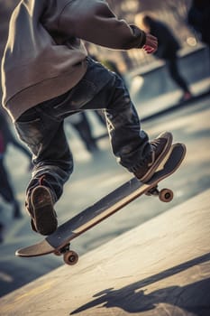 Skateboarder performing an ollie trick on an urban sidewalk, with a focus on the skateboard and shoes