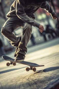 Youthful skateboarder executing a mid-air trick on a city street, with buildings and graffiti as a backdrop