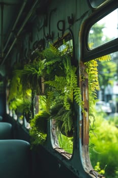 Old bus repurposed as a greenhouse with an array of potted plants lining its windows