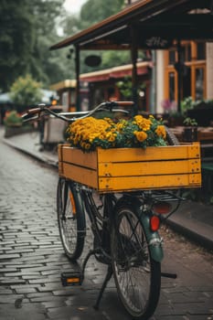Vintage yellow cart filled with vibrant flowers on a cobblestone path in an urban park setting