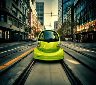 Bright green eco-friendly car standing out in a modern urban environment with skyscrapers
