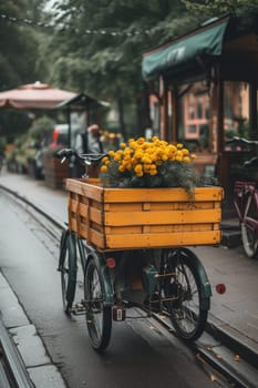 Vintage yellow cart filled with vibrant flowers on a cobblestone path in an urban park setting