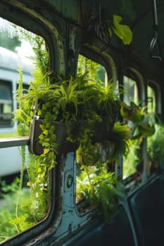 Old bus repurposed as a greenhouse with an array of potted plants lining its windows