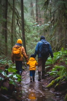 Family walking on a narrow trail through a dense green forest, enjoying a peaceful hike together