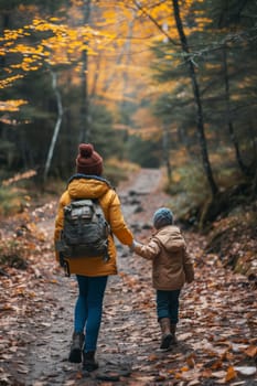 Back view of a family hiking on a mountain trail among tall pine trees and ferns