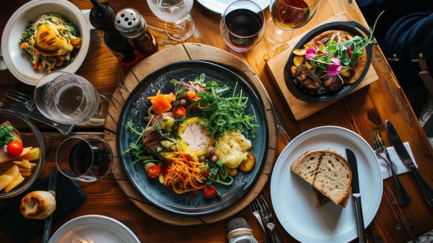 An assorted brunch table with sandwiches, salads, and pastries in a cozy restaurant setting