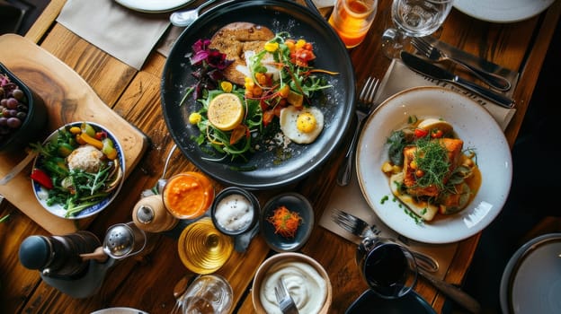 An assorted brunch table with sandwiches, salads, and pastries in a cozy restaurant setting