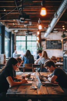 A creative professional works on a laptop in a vibrant co-working space with industrial decor