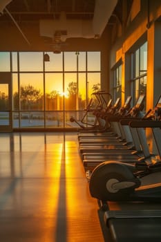 Empty treadmills in a gym bask in the golden light of a setting sun streaming through tall windows