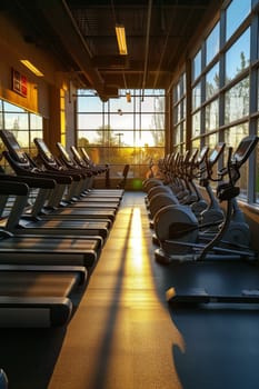 The interior of a sunlit gym featuring rows of treadmills facing a large window with a view of the sunset