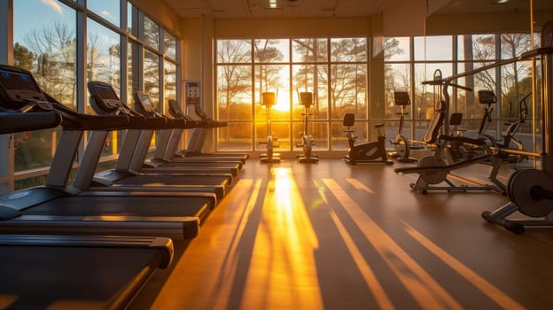 The interior of a sunlit gym featuring rows of treadmills facing a large window with a view of the sunset