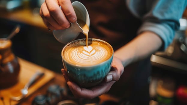 Close-up of a barista pouring milk to create a heart pattern in a latte at a coffee shop