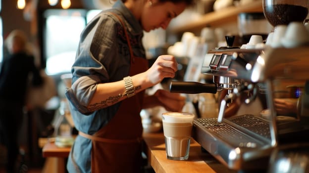 Barista in denim apron carefully pouring milk to create latte art in a coffee cup at a bustling cafe