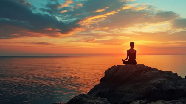 Silhouette of a person meditating on rocky shore with a breathtaking sunrise over the calm sea