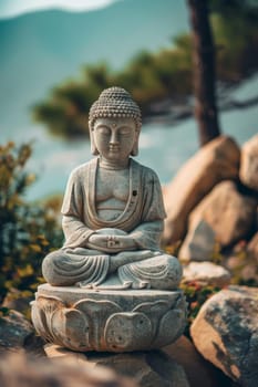 A statue of Buddha in a meditative pose, placed amidst nature with a untroubled face