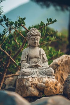A statue of Buddha in a meditative pose, placed amidst nature with a untroubled face