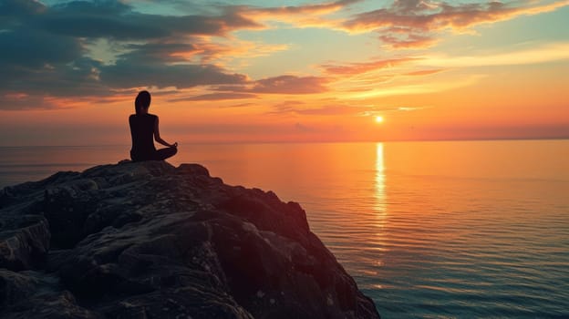Silhouette of a person meditating in lotus pose on a cliff overlooking the sea at sunset