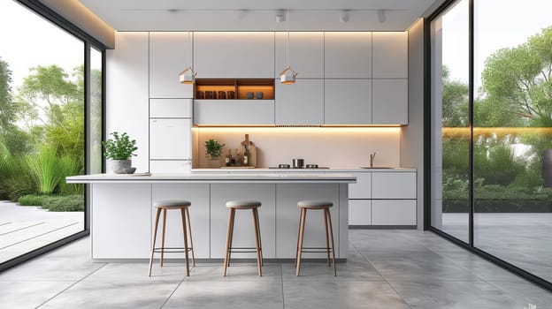 Airy and well-lit kitchen with white decor and a beautiful green outdoor view