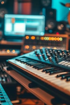 Close-up view of a synthesizer keyboard with a blurred screen in a music studio, highlighting the creative process in music production