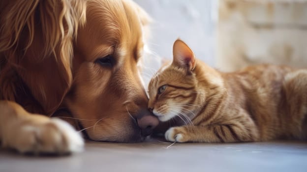 Golden retriever and tabby cat lying together, exemplifying interspecies friendship and comfort