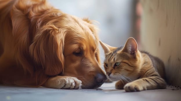 Golden retriever and tabby cat lying together, exemplifying interspecies friendship and comfort