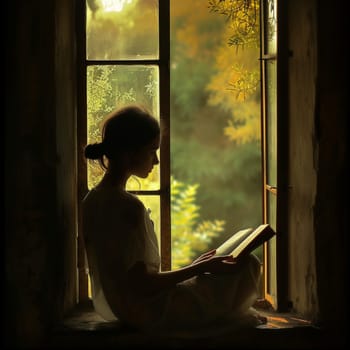 Silhouetted figure of a woman reading by a window, bathed in the golden hues of sunlight