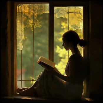 Silhouetted figure of a woman reading by a window, bathed in the golden hues of sunlight